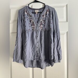 Knox Rose Blue Embroidered Peasant Boho Button Down Long Sleeve Top Large